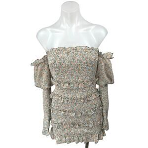 Alamour Jules Floral Off Shoulder Shirred Smocked Puff Sleeve Mini Dress Size XS